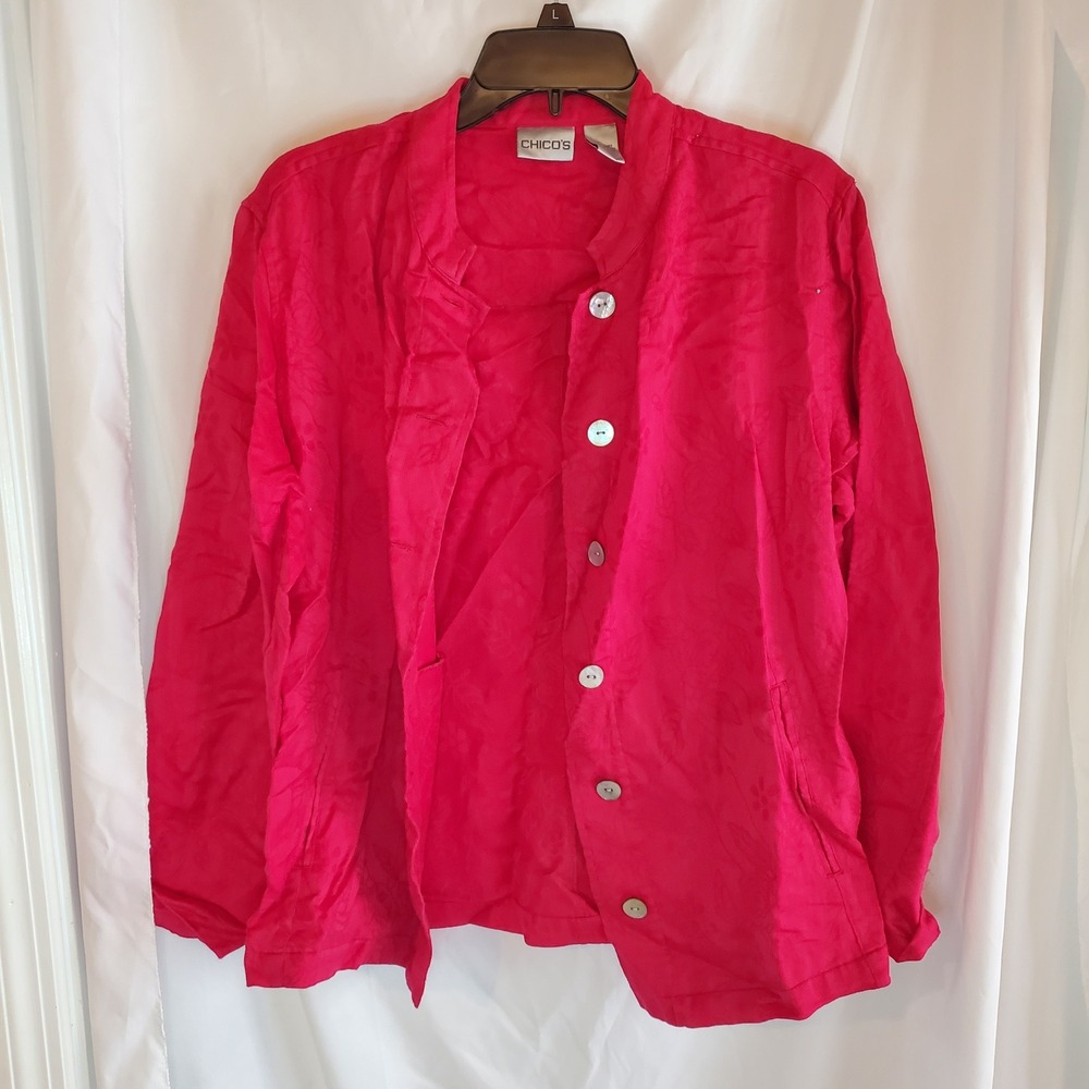Chico's Red Floral Linen Blend Button Front Long Sleeve Jacket Size 2 - Picture 1 of 9